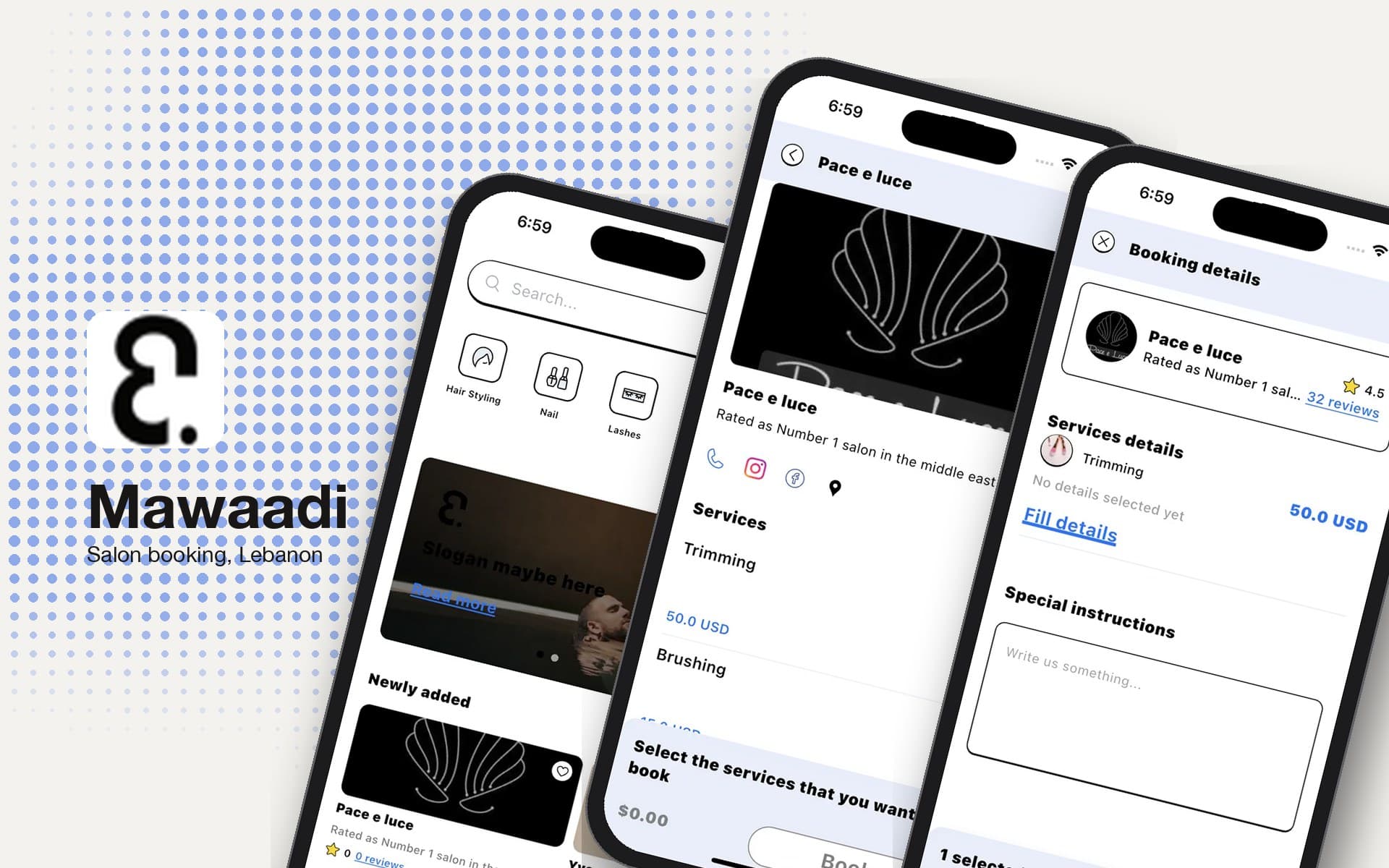 Mawaadi salon booking app on three phones